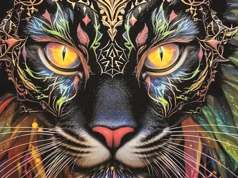 Détail d’un transfert DTF sur chandail noir : les deux yeux jaunes du chat et les entrelacs dorés du front, aux contours nets.