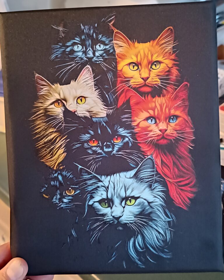 Toile décorative personnalisée : impression DTF sur tissu tendu sur cadre, motif de six chats stylisés